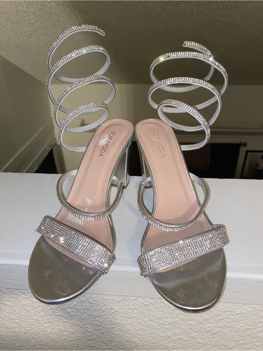 TOP Moda Silver Rhinestone Spiral-Strap Heels